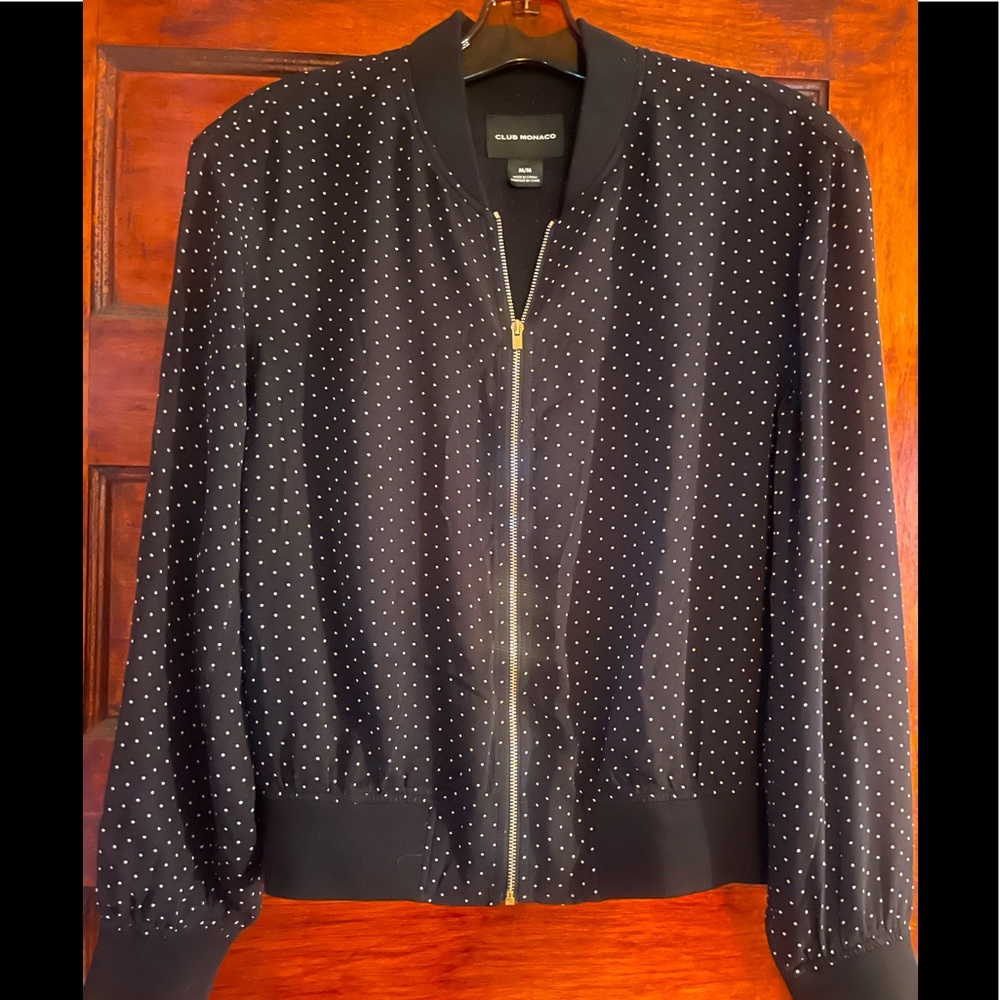 Club Monaco silk bomber blk/wht polka dot jacket.